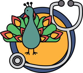 A cartoon drawing of a peacock and a stethoscope