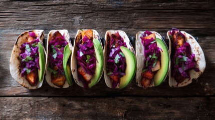 Six flavorful tacos with seasoned meat, purple cabbage, green avocado, and fresh cilantro on warm tortillas,