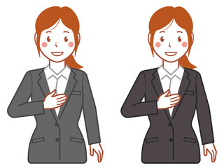 グレースーツ、ポニーテールの胸に手を当てる若い女性