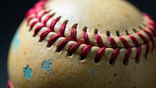 Close-up shot of colorful stitches on a worn-out baseball, highlighting the meticulous craftsmanship and the game's history , pattern, close-up, retro