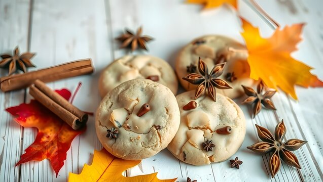 Homemade cookies with cinnamon and cloves, decorated with autumn leaves and star anise, minimal rustic setup, cozy fall vibe