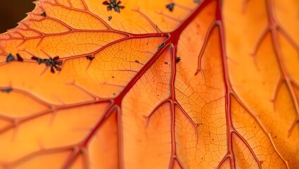 a close up of a leaf with a red and yellow pattern