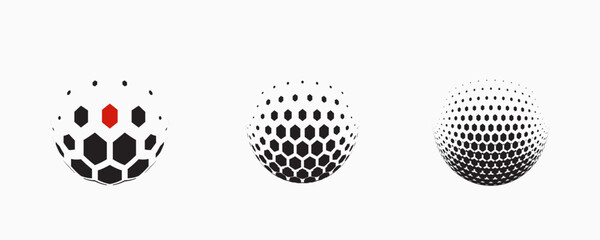 Set of dotted abstract shapes. Hexagonal halftone pattern. Half tone design elements in geometric tech style for logo, banner, web page, print, poster, business cards and template.