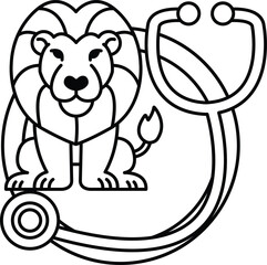 A lion is sitting in front of a stethoscope