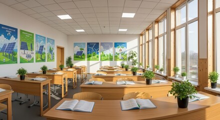 Bright modern classroom with solar energy posters and open books on desks