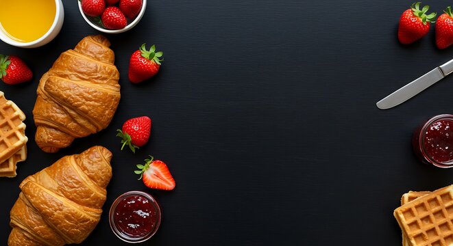 A delicious continental breakfast spread featuring fresh croissants, waffles, strawberries, and jam on a dark background