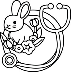 A rabbit is sitting in a flower bed next to a stethoscope