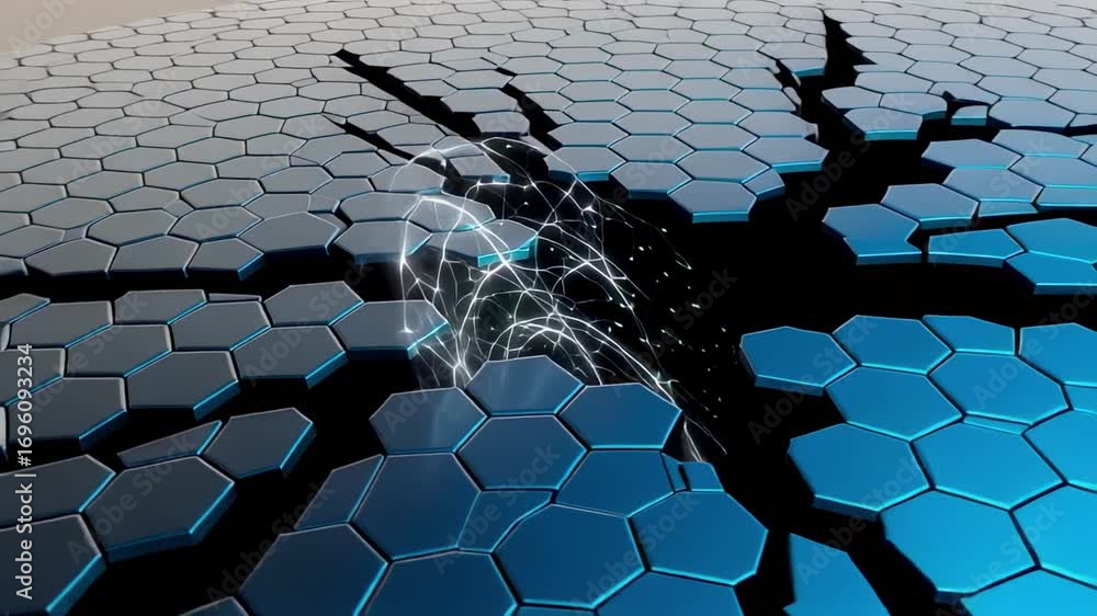 Poster blue hexagon cracked floor with glowing network connection technology abstract background design