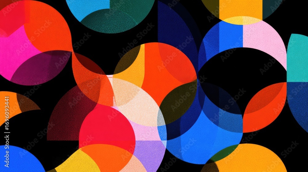 Poster colorful abstract shapes in dynamic arrangement on dark background for modern art and design project