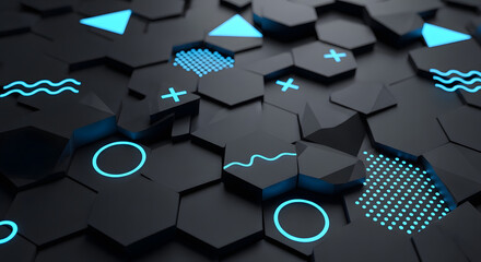 Abstract black background with glowing blue geometric symbols and fragmented shapes, representing a digital or futuristic landscape