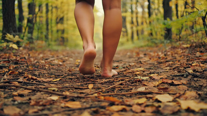 Walking barefoot through the forest.