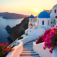 Staircase leading to a santorini sunset high resolution image