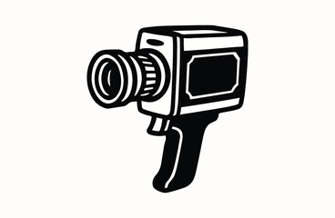 Retro Style Super 8 Camera Graphic Illustration Depicting Vintage Filmmaking Technology in Black and White Monochrome Imagery