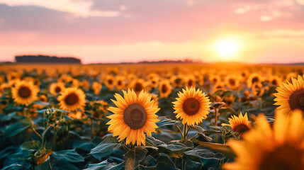Fototapeta premium A breathtaking view of a vibrant sunflower field under a dramatic, colorful sky at sunset. The image radiates warmth, joy, and the beauty of nature's bounty.