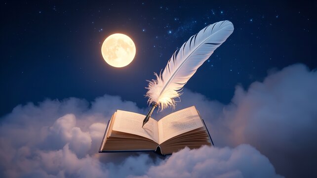 Naklejki Golden Quill on Open Book: A softly lit, evocative image of a golden feather quill resting on an open antique book. The scene evokes a sense of classic literature, history, and the art of writing.