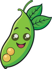 Playful cartoon icon of peas with smiling spinach leaf and coriander sprigs, colorful flat style.