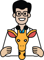 A man in a white lab coat is holding a giraffe head