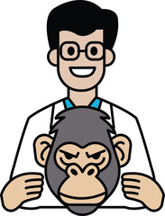 A man in a lab coat is holding a gorilla mask
