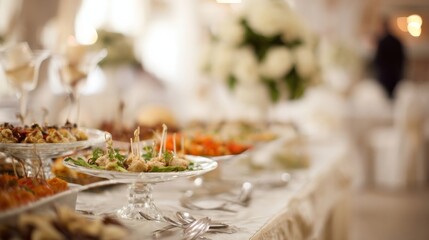 Fototapeta premium Elegant wedding reception with appetizers on a glass pedestal stand, white floral arrangements, warm ambient lighting,