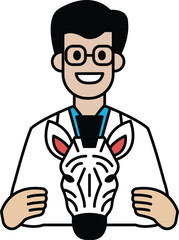 A man in a white lab coat is holding a zebra's head