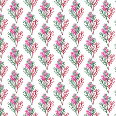 Pink Floral Pattern – Stylized Green Stem Bouquets on White Seamless Background