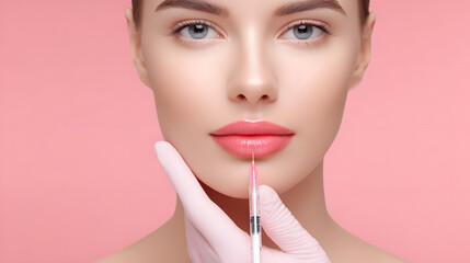 Close-up of female lips receiving filler injection, cosmetic enhancement and beauty treatment.