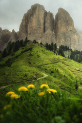 girl hiking in mountain landscape with green grass and clouds