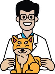 A man in a white lab coat is holding a small orange dog