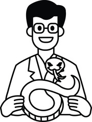 A cartoon man is holding a green snake