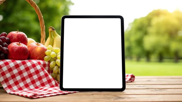 Digital technology display on a wooden table, featuring a wireless communication tablet with a red apple nearby