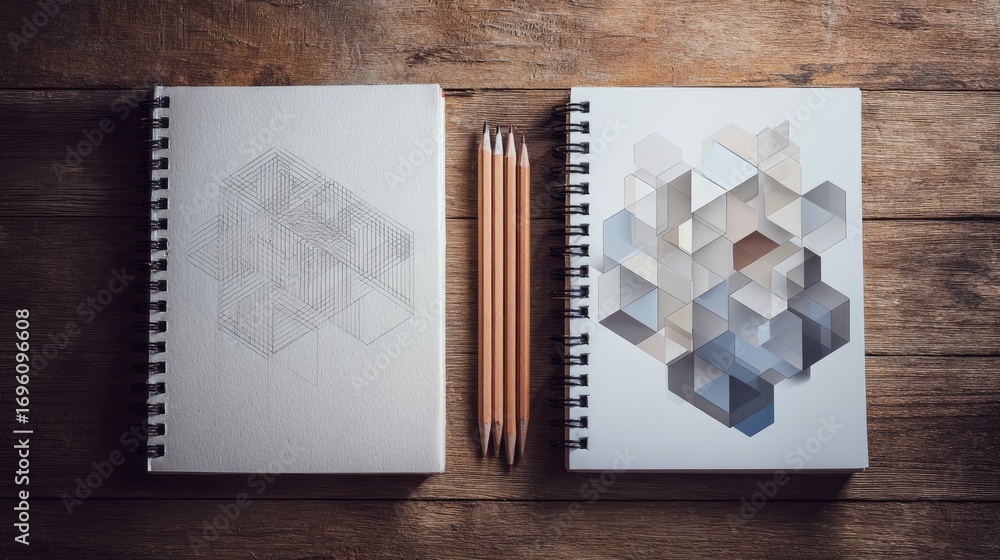 Poster artistic representation of sketches and colored designs in geometric patterns on wooden surface with
