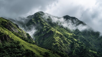 Lush mountain range shrouded in mist