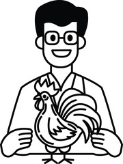 A man in a white lab coat holding a chicken