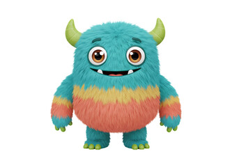 Friendly Cartoon Monster: Teal, Pink, and Yellow Furry Creature Illustration isolated on transparent background