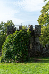 An ancient castle tower overgrown by vines and vegetation.