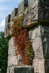 A close-up of a tower of a castle ruins from the medieval times.
