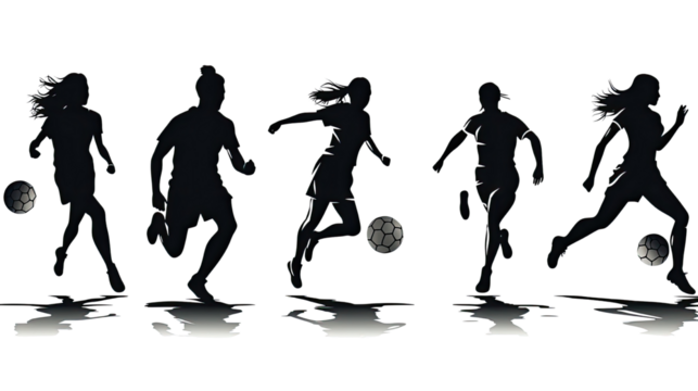 set of football players men and woman silhouettes on white background