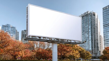 Fototapeta premium Empty Billboard in Urban Park Surrounded by Colorful Trees and Modern Skyscrapers in Bright Daylight