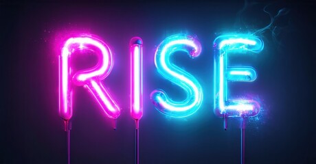 Bright neon sign spells RISE. Vivid pink, blue hues drip down from glowing letters against dark background. Dramatic lighting creates intense visual impact.