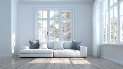 Modern Bright Living Room with Cozy White Sofa and Large Windows Overlooking Natural Scenery
