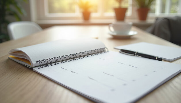 Open notebook with pen and cup in bright workspace with sunlight -  