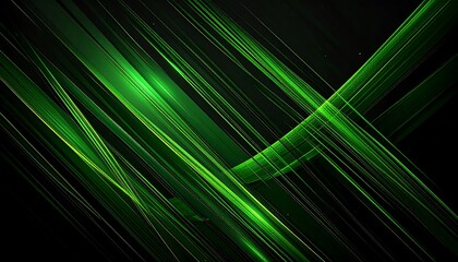 An abstract design featuring dynamic diagonal lines in varying shades of green against a dark background. 