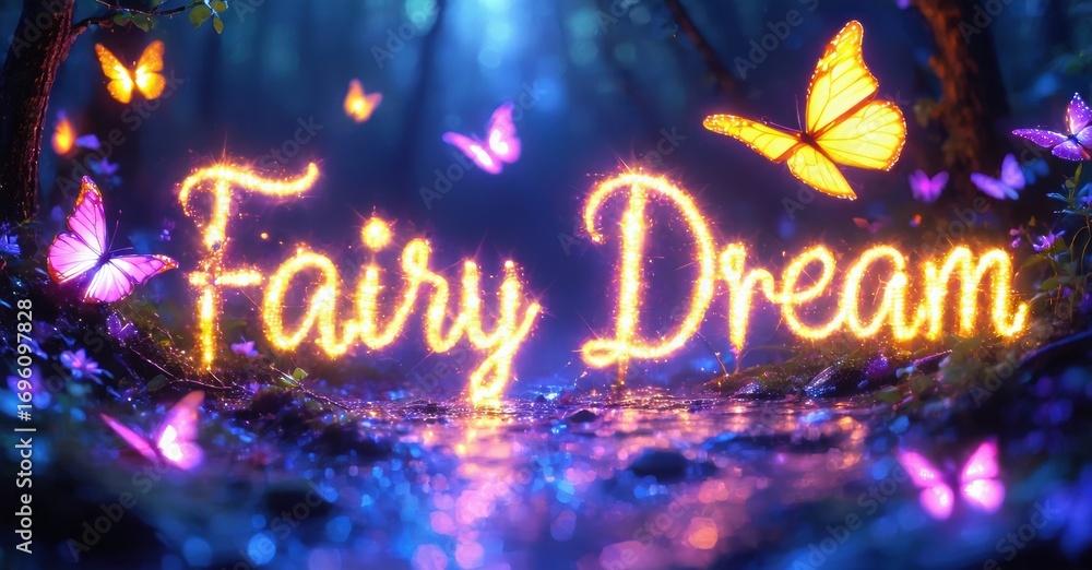 Poster magical forest scene. glowing text reads fairy dream. butterflies flutter around illuminated water, 