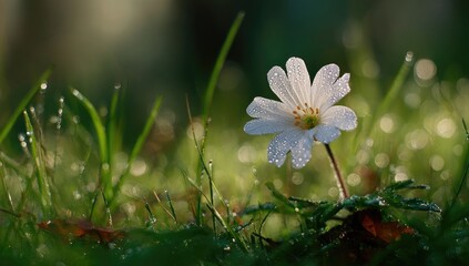 Delicate white flower in dewy grass (1)