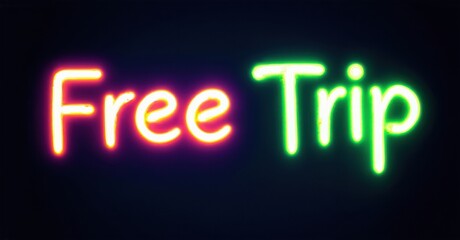 Bright neon sign displays words Free Trip. Vivid pink, green colors illuminate dark background. Simple, bold text design.