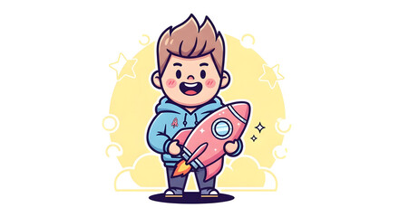 Enthusiastic cartoon boy holds a vibrant pink rocket, symbolizing ambition, innovation, and the exciting journey of a new project launch or a future full of possibilities