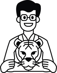 A cartoon of a man wearing a white lab coat holding a tiger mask