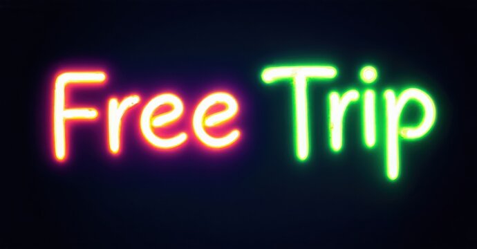 Bright neon sign displays words Free Trip. Vivid pink, green colors illuminate dark background. Simple, bold text design. - Powered by Adobe