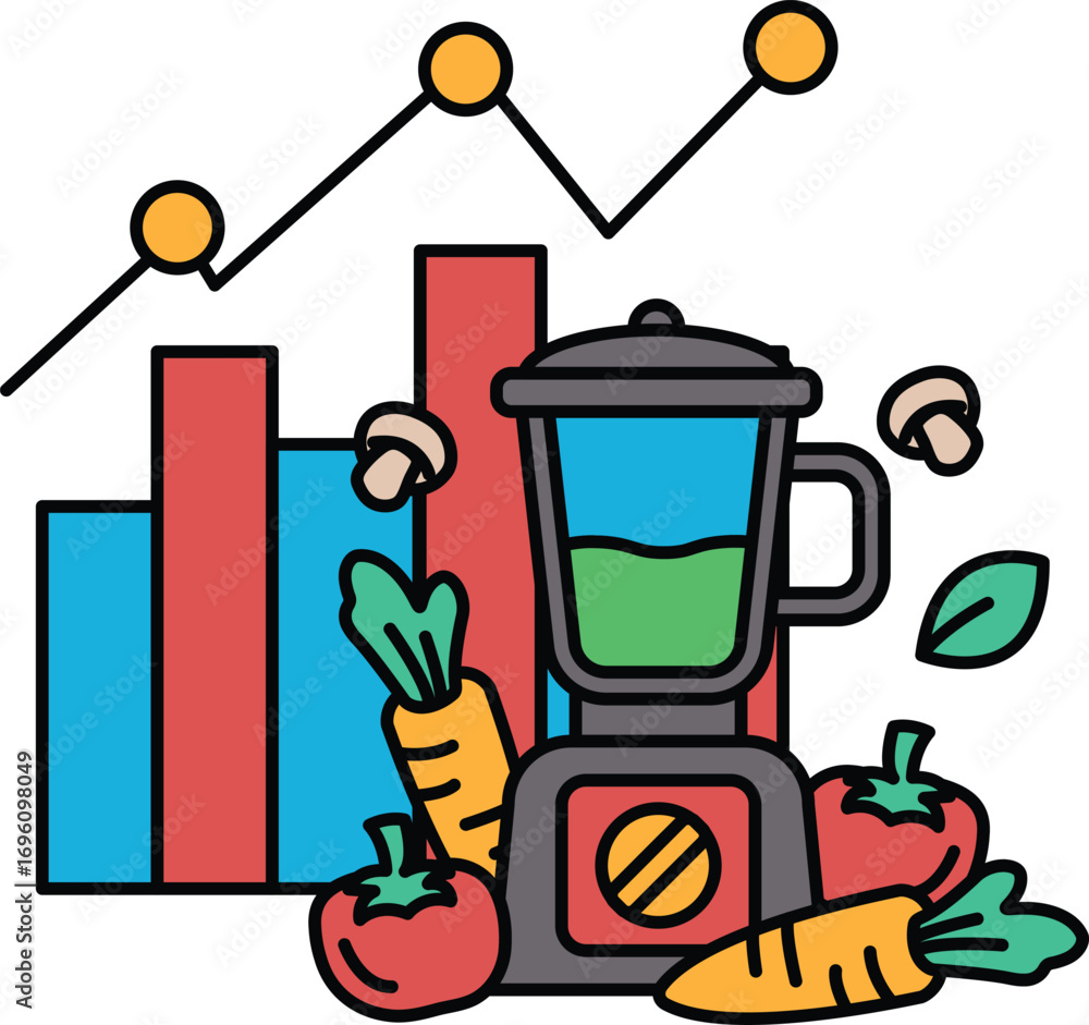 Poster a blender with vegetables in it is shown with a graph in the background