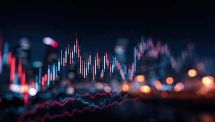 Abstract financial chart overlaid on a blurry city lights background